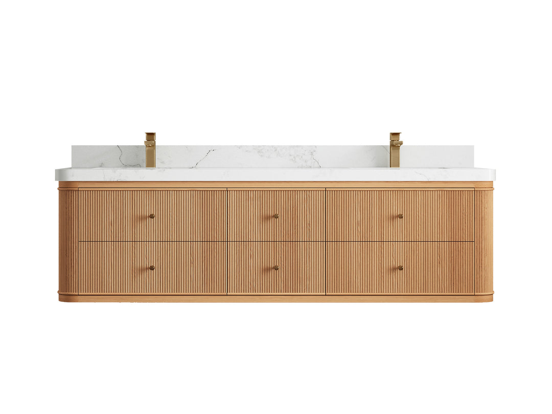 Hampton Floating White Oak 72 in. W x 22 in. D Double Sink Bathroom Vanity with 2 in Calacatta Nuvo Quartz Countertop