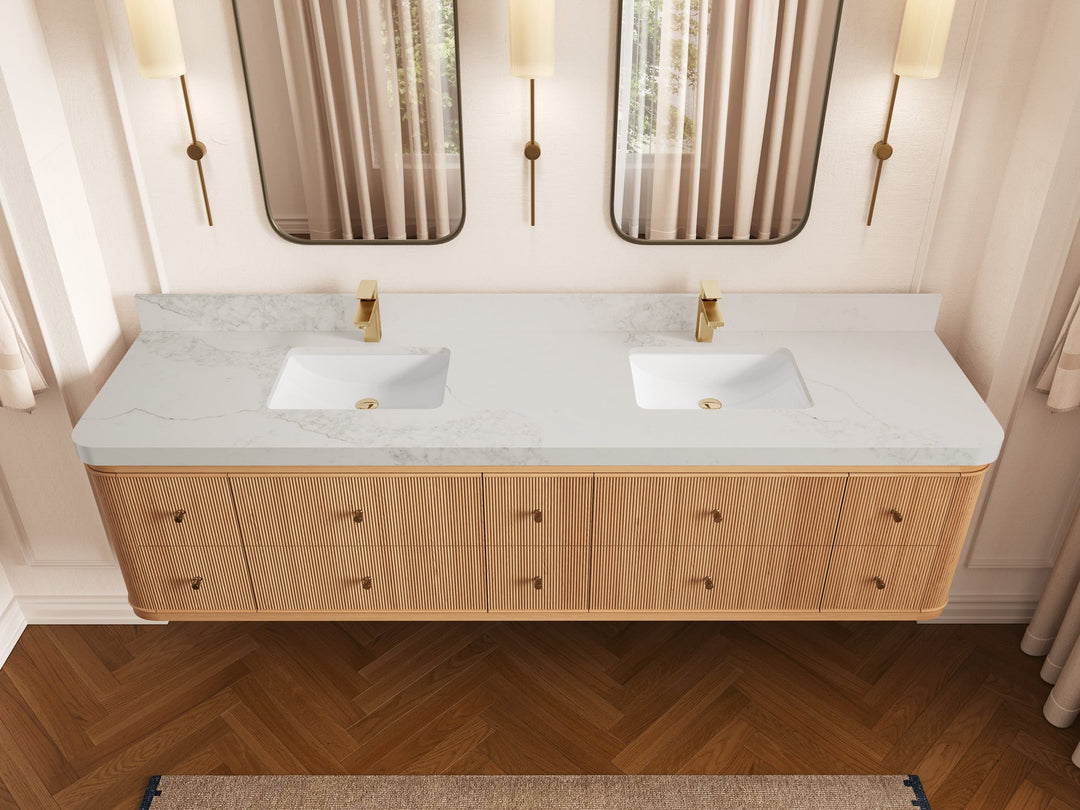 Hampton Floating White Oak 84 in. W x 22 in. D Double Sink Bathroom Vanity with 2 in Calacatta Nuvo Quartz Countertop - Top View