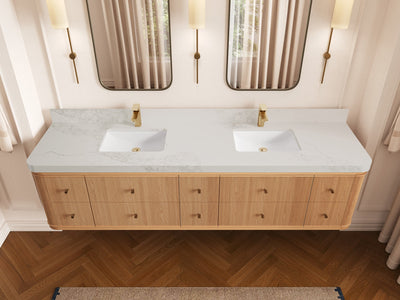 Hampton Floating White Oak 84 in. W x 22 in. D Double Sink Bathroom Vanity with 2 in Calacatta Nuvo Quartz Countertop - Top View