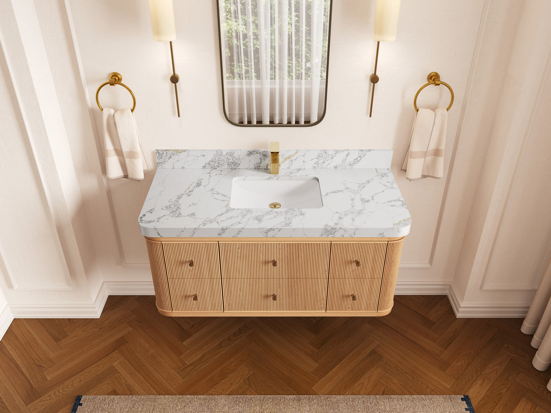 Hampton Floating White Oak 48 in. W x 22 in. D Single Sink Bathroom Vanity with 2 in Calacatta Poanazzo Quartz Countertop - Top View