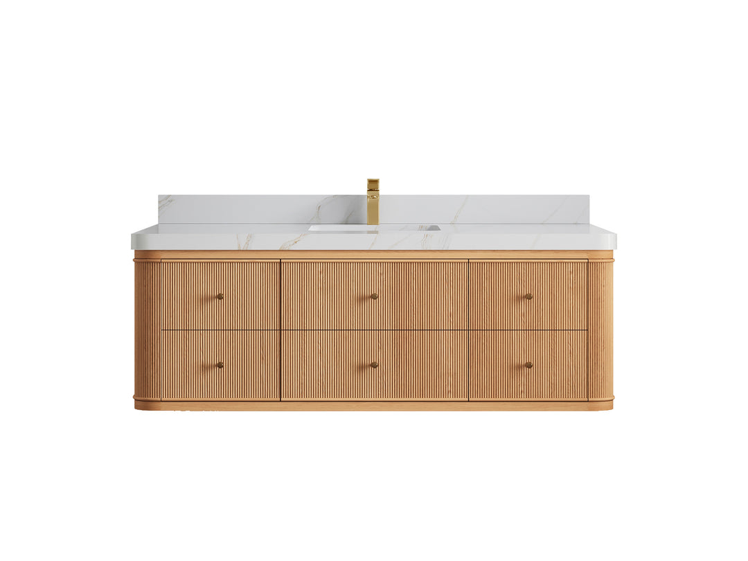 Hampton Floating White Oak 60 in. W x 22 in. D Single Sink Bathroom Vanity with 2 in Calacatta Sienna Quartz Countertop