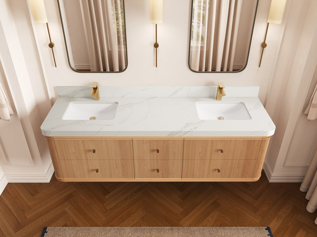 Hampton Floating White Oak 72 in. W x 22 in. D Double Sink Bathroom Vanity with 2 in Calacatta Sienna Quartz Countertop - Top View