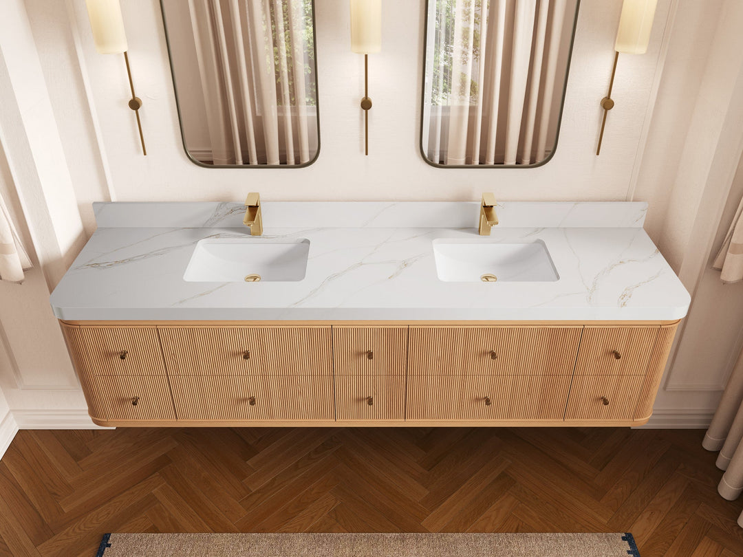 Hampton Floating White Oak 84 in. W x 22 in. D Double Sink Bathroom Vanity with 2 in Calacatta Sienna Quartz Countertop - Top View