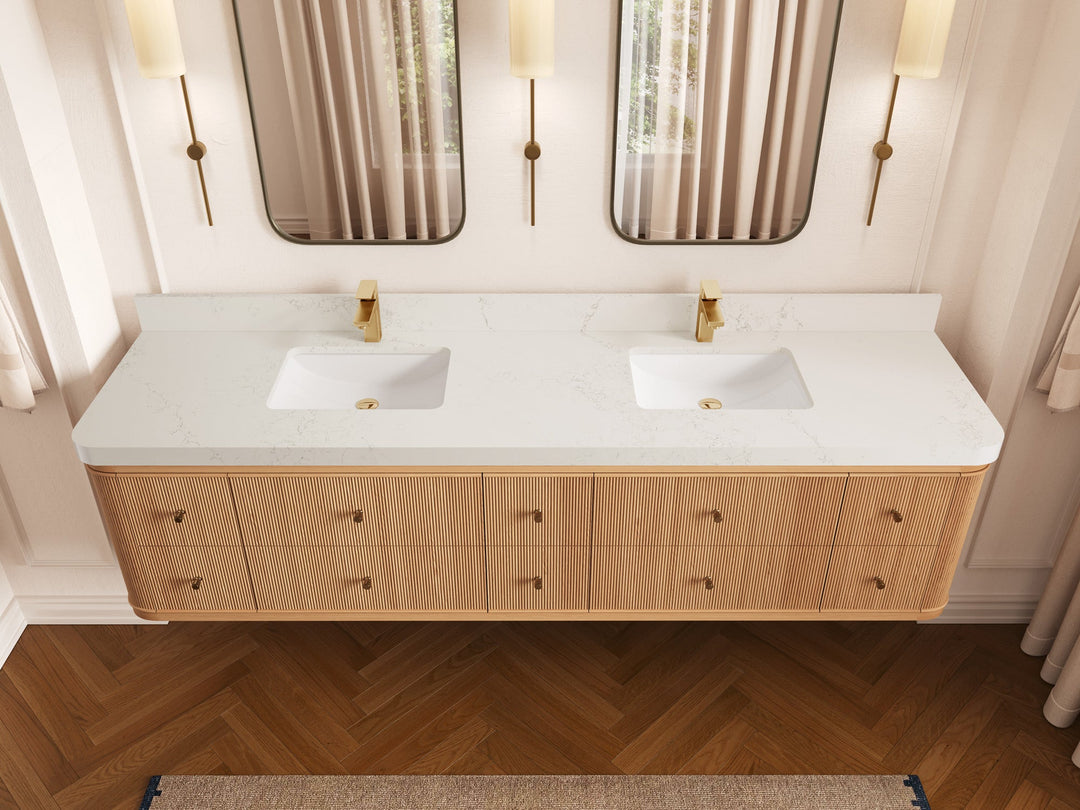 Hampton Floating White Oak 84 in. W x 22 in. D Double Sink Bathroom Vanity with 2 in Empira White Quartz Countertop - Top View