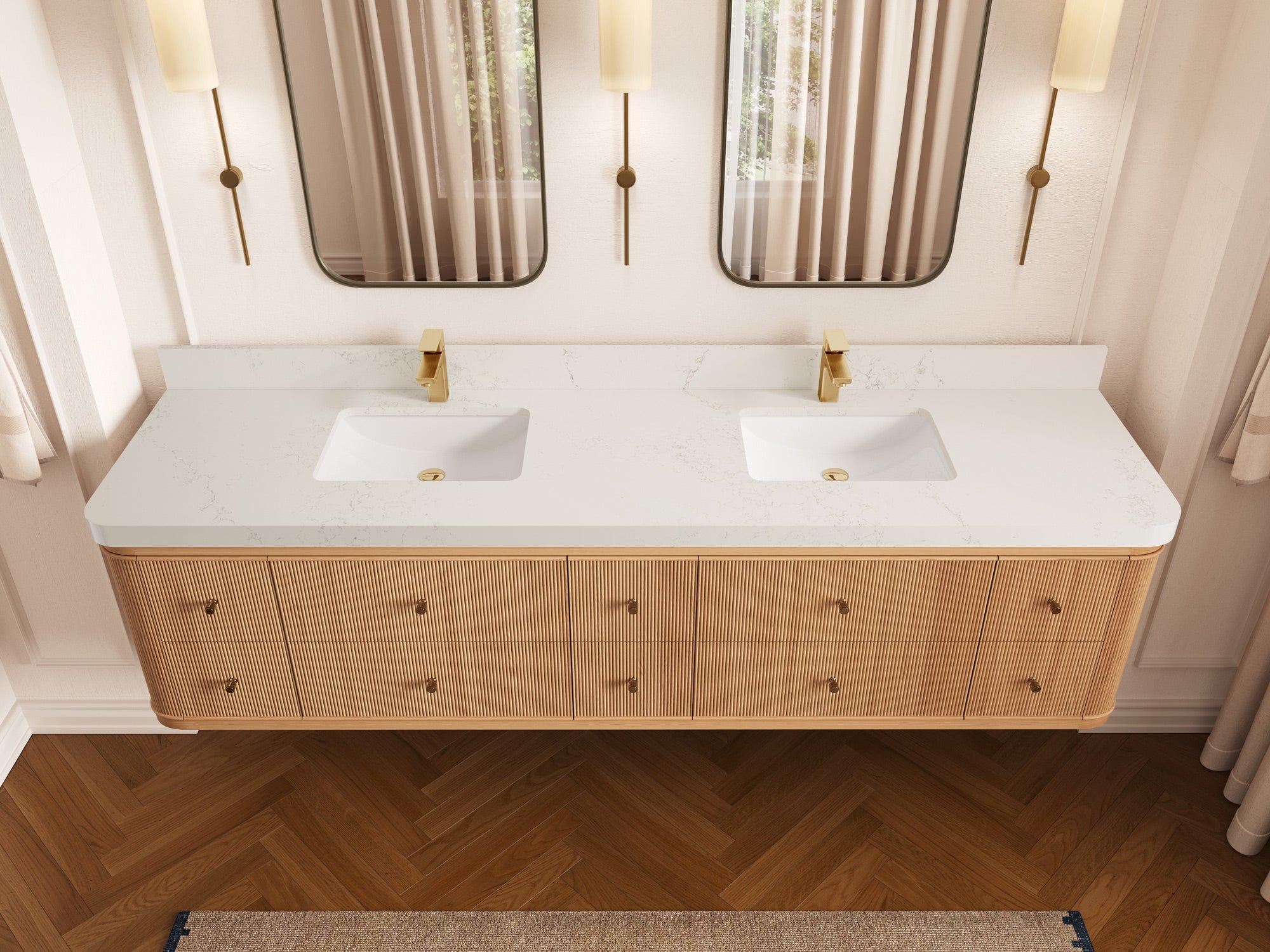 Hampton Floating White Oak 84 in. W x 22 in. D Double Sink Bathroom Vanity with 2 in Empira White Quartz Countertop - Top View