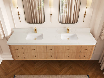 Hampton Floating White Oak 84 in. W x 22 in. D Double Sink Bathroom Vanity with 2 in Empira White Quartz Countertop - Top View
