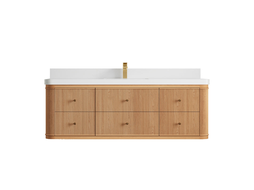 Hampton Floating White Oak 60 in. W x 22 in. D Single Sink Bathroom Vanity with 2 in White Quartz Countertop