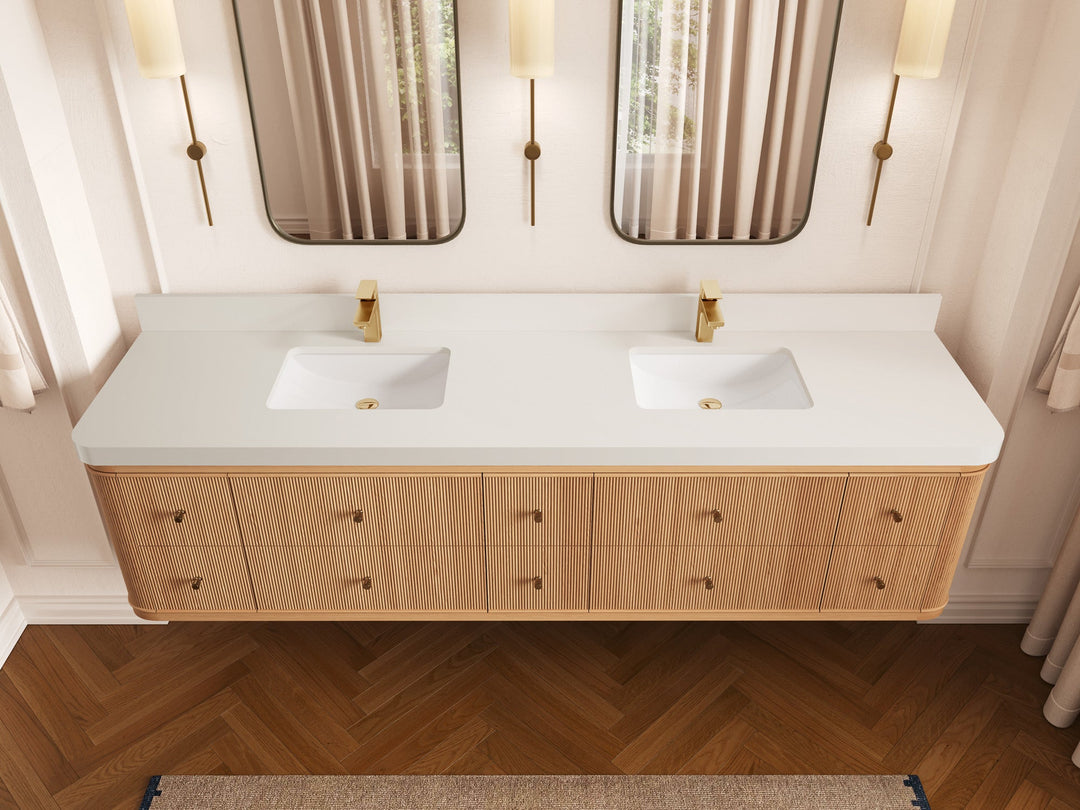 Hampton Floating White Oak 84 in. W x 22 in. D Double Sink Bathroom Vanity with 2 in White Quartz Countertop - Top View
