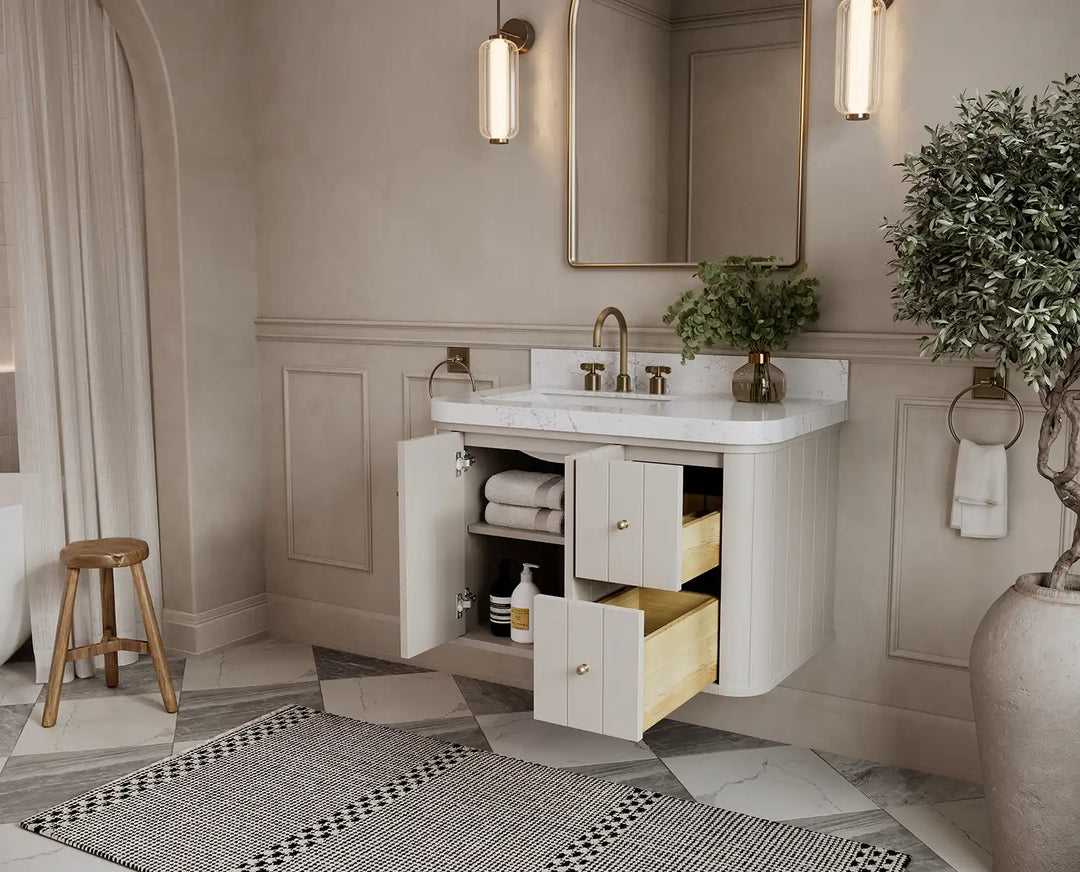 Houston Floating 36 in. W x 22 in. D Left Offset Sink Bathroom Vanity | 
              
                 Fine Grain Linen Beige
                
                  
             - HOU-FLT-CAB-FNG-35L - photo №3