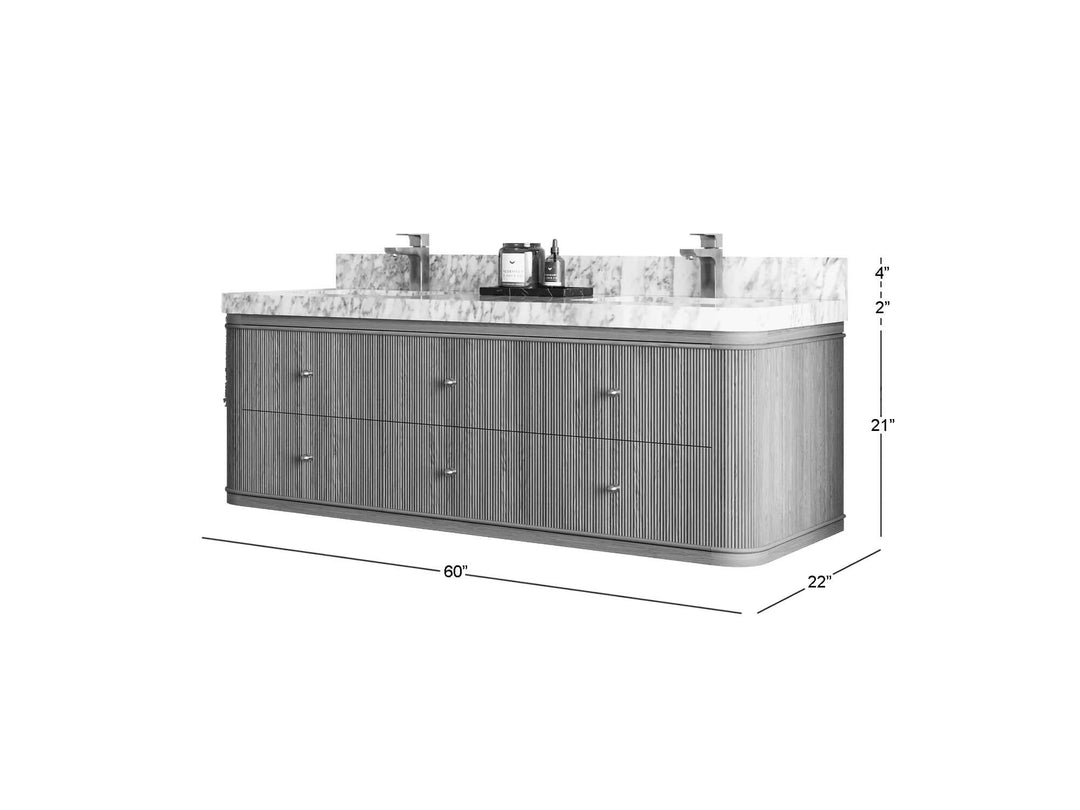Hampton Floating Teak 60 in. W x 22 in. D Double Sink Bathroom Vanity with Countertop - Dimensions