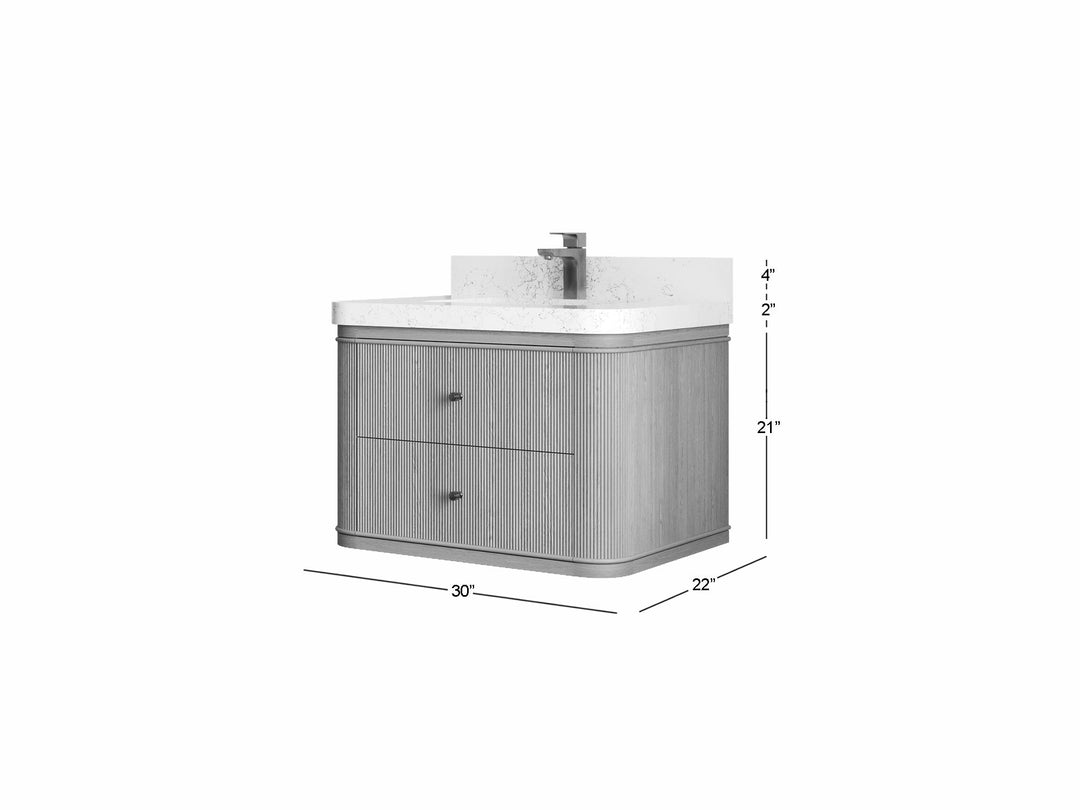 Hampton Floating White Oak 30 in. W x 22 in. D Single Sink Bathroom Vanity with Countertop - Dimensions