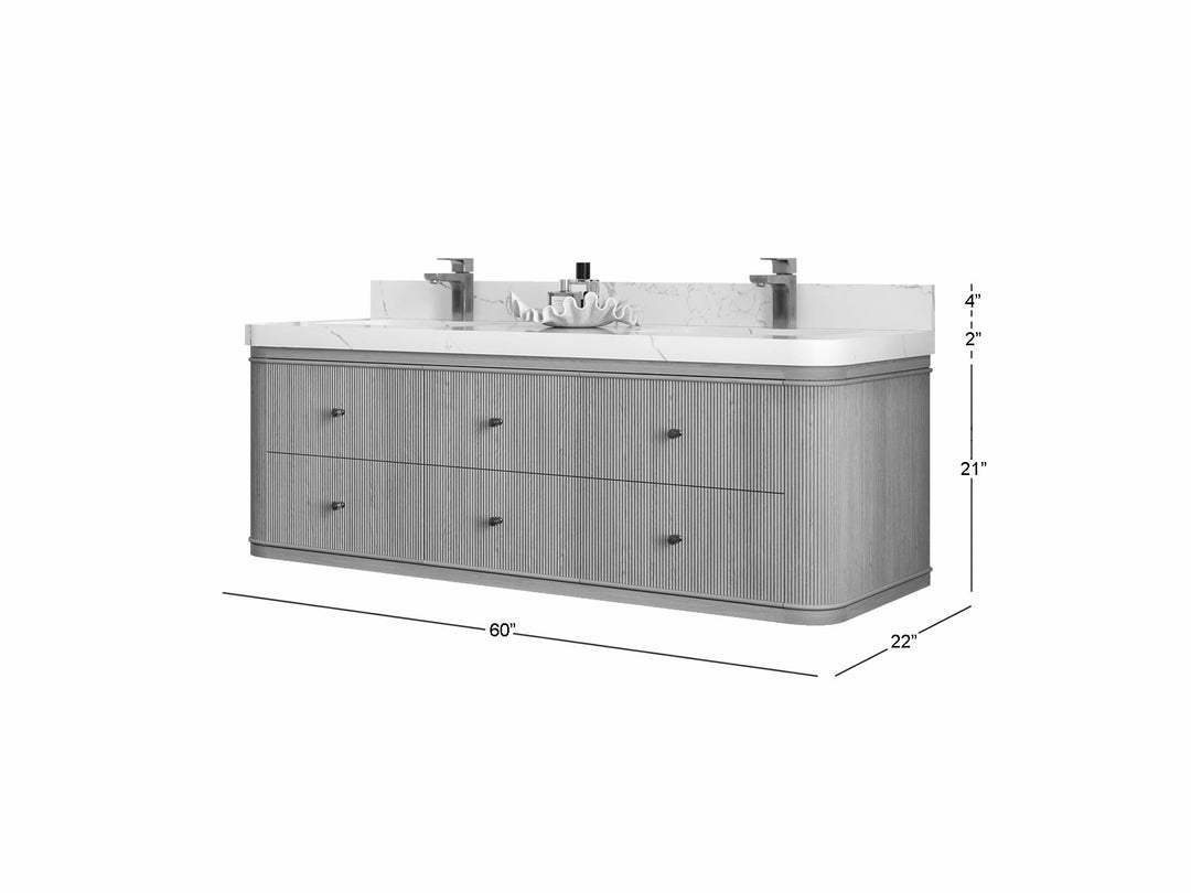 Hampton Floating White Oak 60 in. W x 22 in. D Double Sink Bathroom Vanity with Countertop - Dimensions