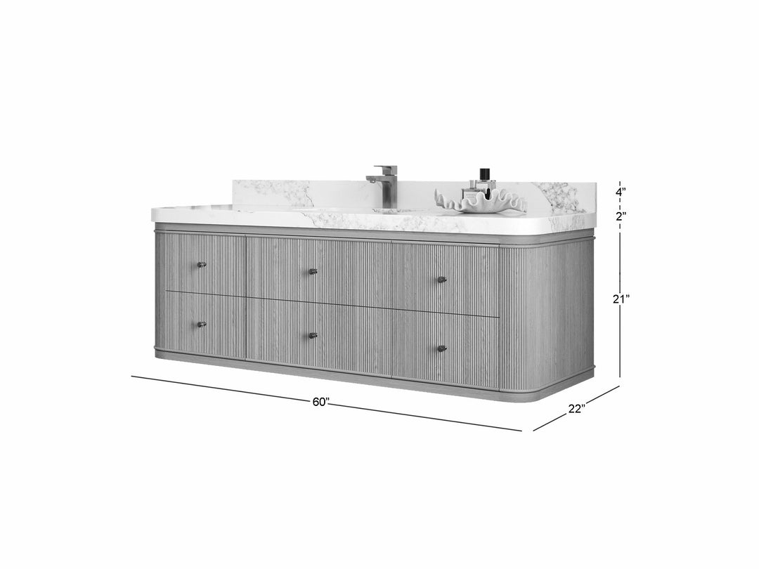 Hampton Floating White Oak 60 in. W x 22 in. D Single Sink Bathroom Vanity with Countertop - Dimensions