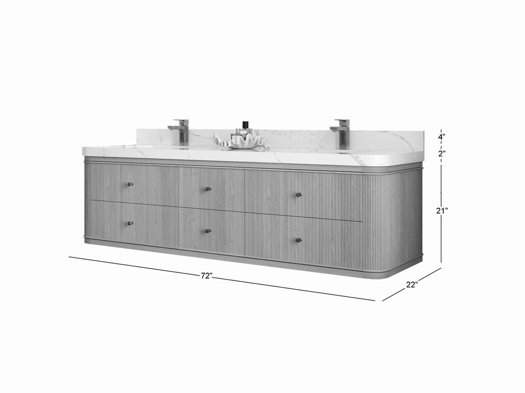 Hampton Floating White Oak 72 in. W x 22 in. D Double Sink Bathroom Vanity with Countertop - Dimensions
