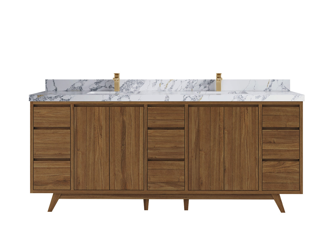 Madison Teak 84 in. W x 22 in. D Double Sink Bathroom Vanity in Dark Natural with 2 in Calacatta Poanazzo Quartz Countertop