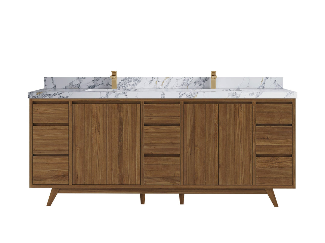 Madison Teak 84 in. W x 22 in. D Double Sink Bathroom Vanity in Dark Natural with 2 in Calacatta Poanazzo Quartz Countertop