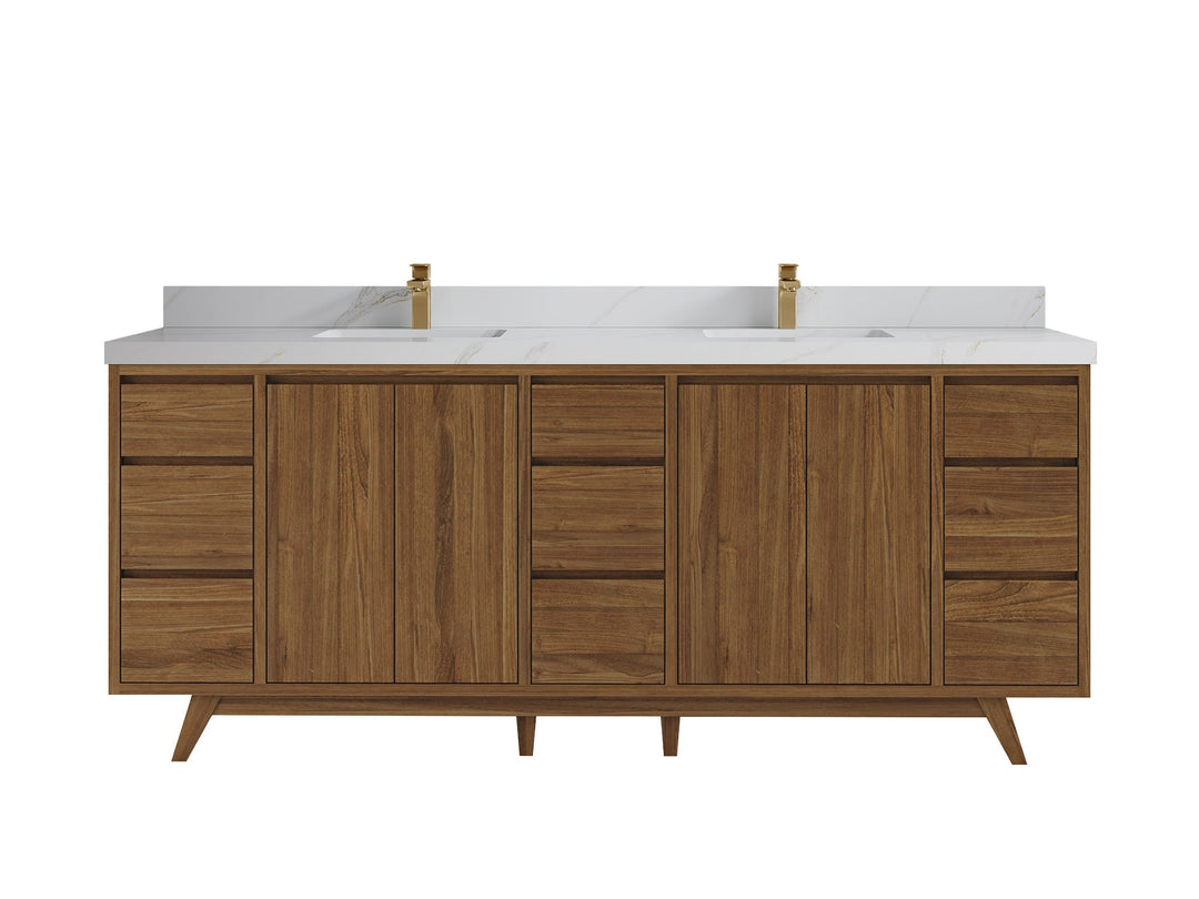 Madison Teak 84 in. W x 22 in. D Double Sink Bathroom Vanity in Dark Natural with 2 in Calacatta Sienna Quartz Countertop