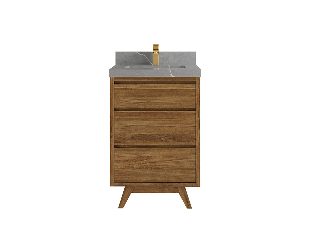 Madison Teak 24 in. W x 22 in. D Single Sink Bathroom Vanity in Dark Natural with 2 in Piatra Gray Quartz Countertop