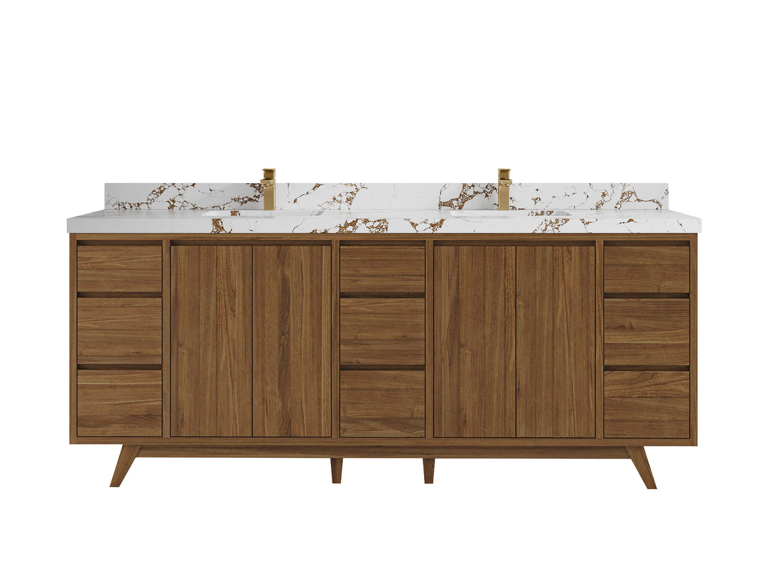 Madison Teak 84 in. W x 22 in. D Double Sink Bathroom Vanity in Dark Natural with 2 in Viola Brown Quartz Countertop 