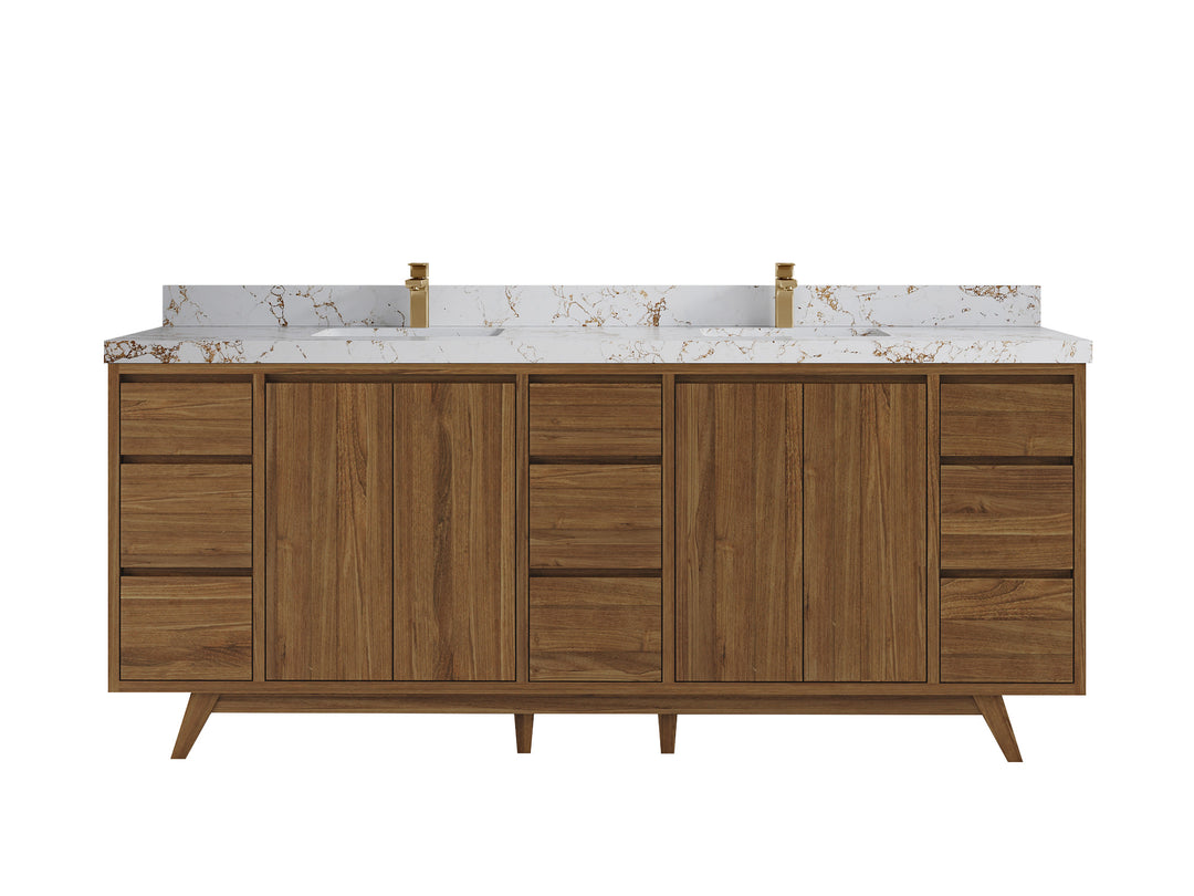 Madison Teak 84 in. W x 22 in. D Double Sink Bathroom Vanity in Dark Natural with 2 in Viola Gold Quartz Countertop 