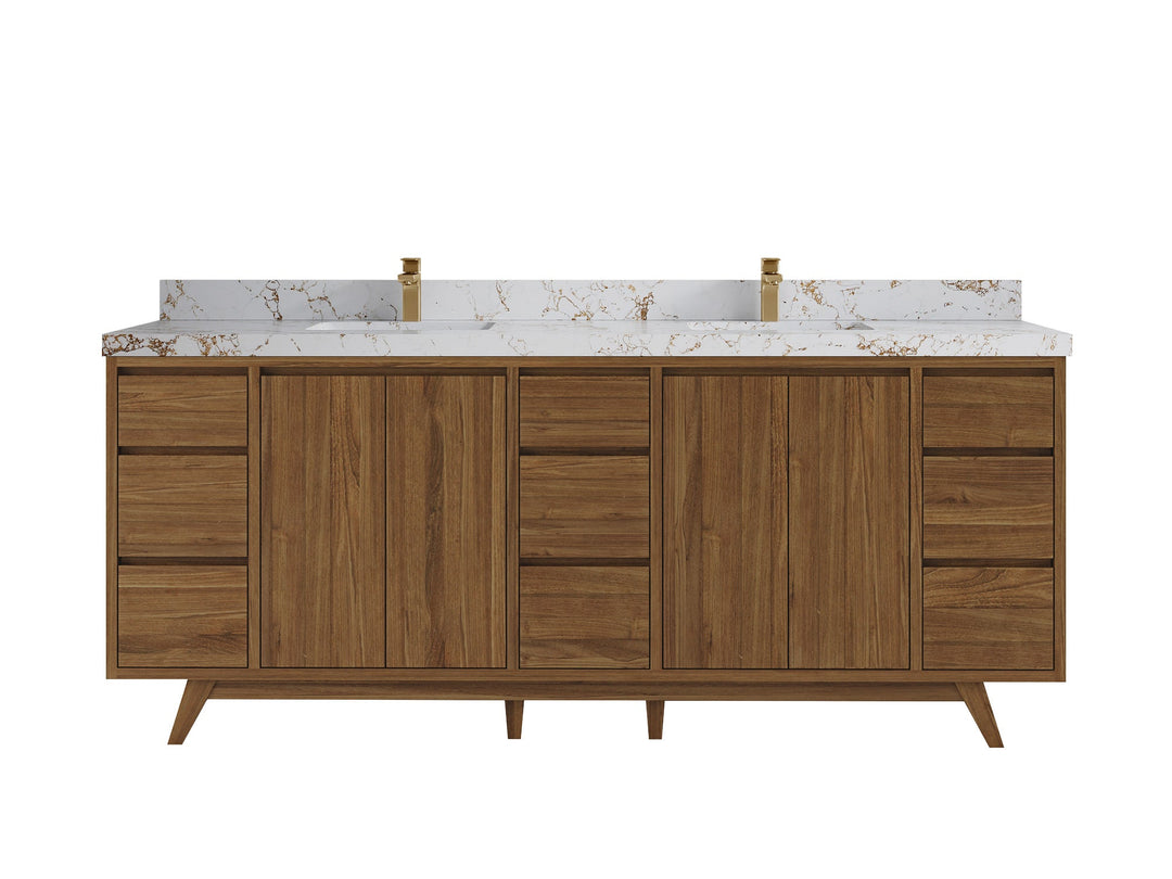Madison Teak 84 in. W x 22 in. D Double Sink Bathroom Vanity in Dark Natural with 2 in Viola Gold Quartz Countertop 