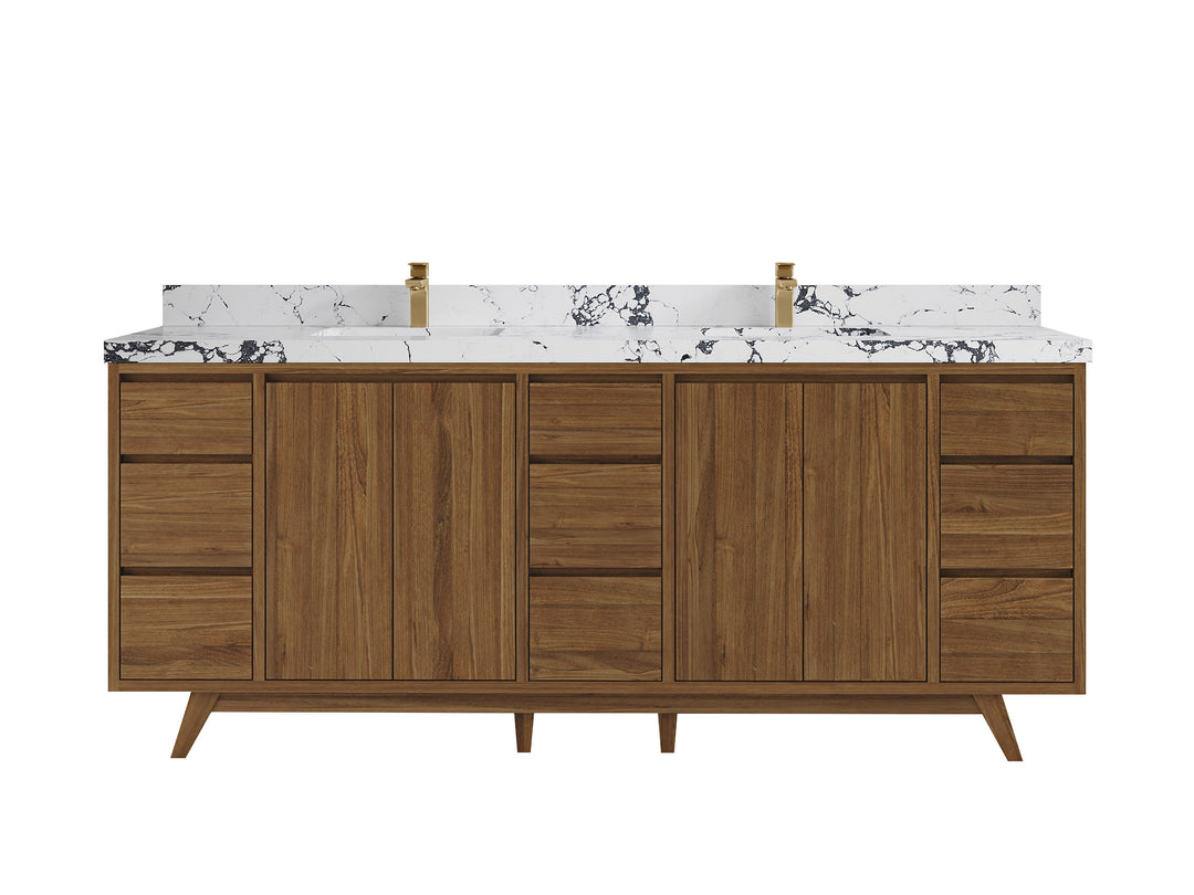 Madison Teak 84 in. W x 22 in. D Double Sink Bathroom Vanity in Dark Natural with 2 in Viola Night Quartz Countertop 