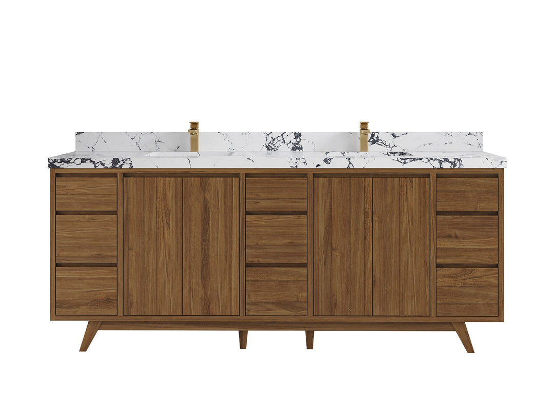 Madison Teak 84 in. W x 22 in. D Double Sink Bathroom Vanity in Dark Natural with 2 in Viola Night Quartz Countertop 