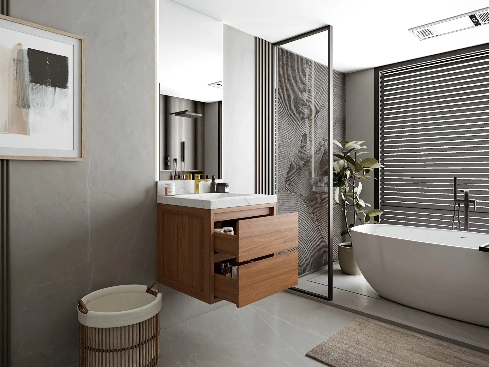 Madison Floating Teak 24-inch bathroom vanity in Dark Natural Teak, side view with cabinet open