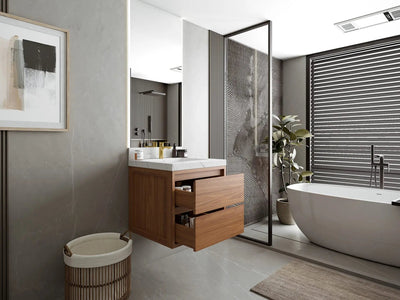 Madison Floating Teak 24-inch bathroom vanity in Dark Natural Teak, side view with cabinet open