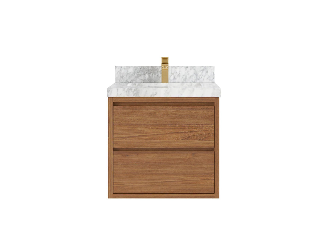 Madison Floating Teak 24 in. W x 22 in. D Single Sink Bathroom Vanity in Dark Natural with 2 in Carrara Marble Countertop