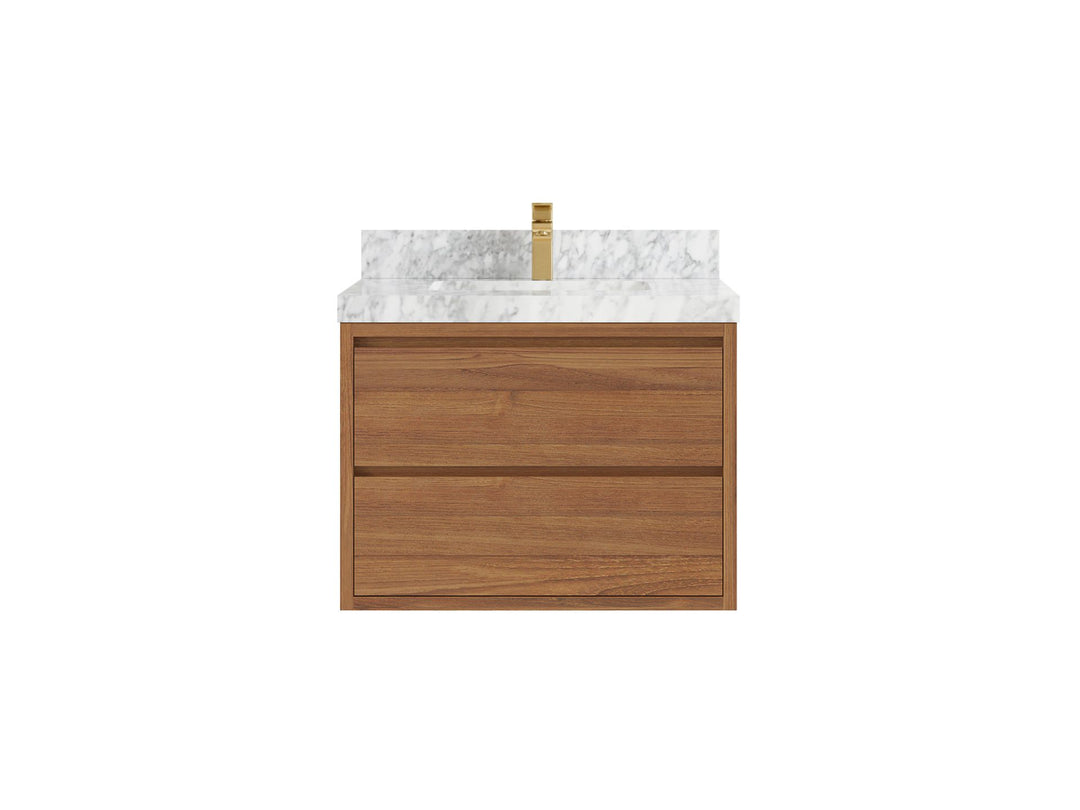Madison Floating Teak 30 in. W x 22 in. D Single Sink Bathroom Vanity in Dark Natural with 2 in Carrara Marble Countertop