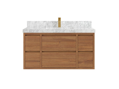 Madison Floating Teak 42 in. W x 22 in. D Single Sink Bathroom Vanity in Dark Natural with 2 in Carrara Marble Countertop
