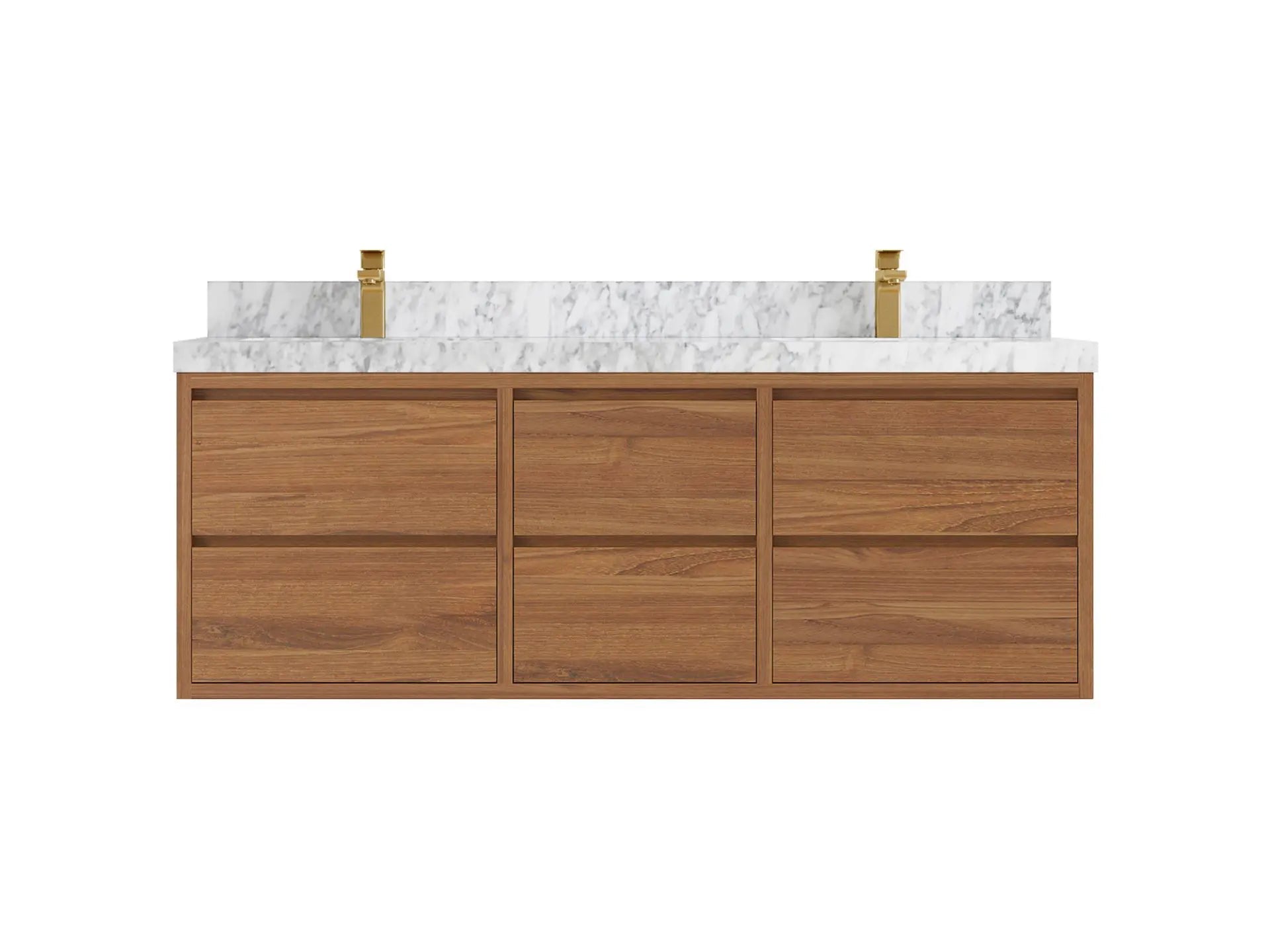Madison Floating Teak 60 in. W x 22 in. D Double Sink Bathroom Vanity in Dark Natural with 2 in Carrara Marble Countertop