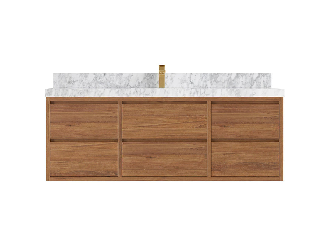 Madison Floating Teak 60 in. W x 22 in. D Single Sink Bathroom Vanity in Dark Natural with 2 in Carrara Marble Countertop