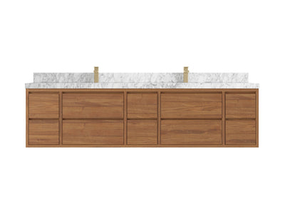 Madison Floating Teak 84 in. W x 22 in. D Double Sink Bathroom Vanity in Dark Natural with 2 in Carrara Marble Countertop