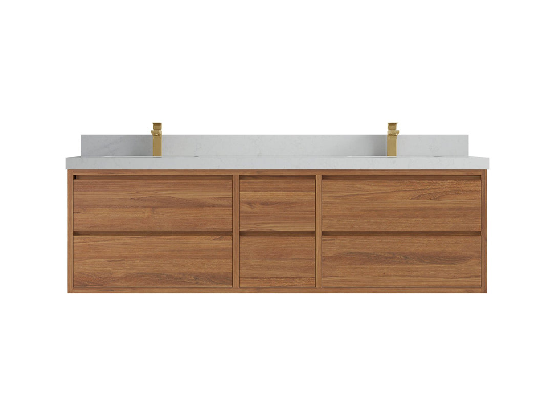 Madison Floating Teak 72 in. W x 22 in. D Double Sink Bathroom Vanity in Dark Natural with 2 in Carrara Quartz Countertop