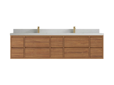 Madison Floating Teak 84 in. W x 22 in. D Double Sink Bathroom Vanity in Dark Natural with 2 in Carrara Quartz Countertop