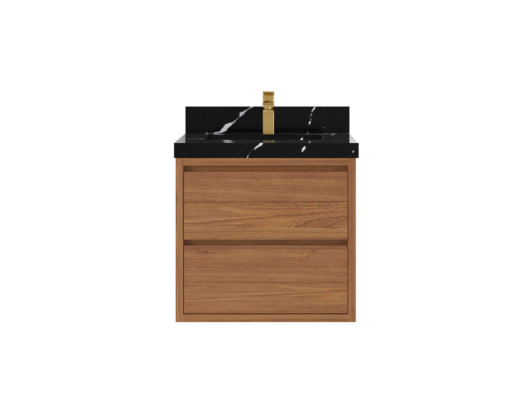 Madison Floating Teak 24 in. W x 22 in. D Single Sink Bathroom Vanity in Dark Natural with 2 in Calacatta Black Quartz Countertop