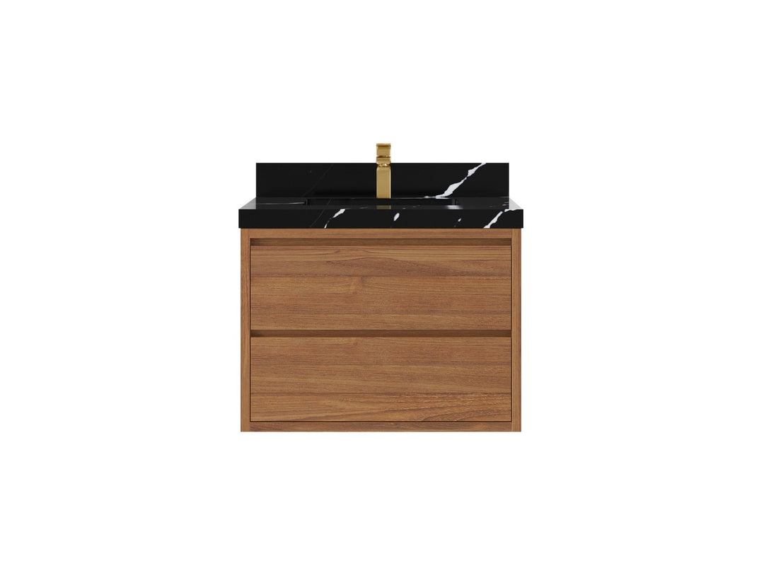 Madison Floating Teak 30 in. W x 22 in. D Single Sink Bathroom Vanity in Dark Natural with 2 in Calacatta Black Quartz Countertop