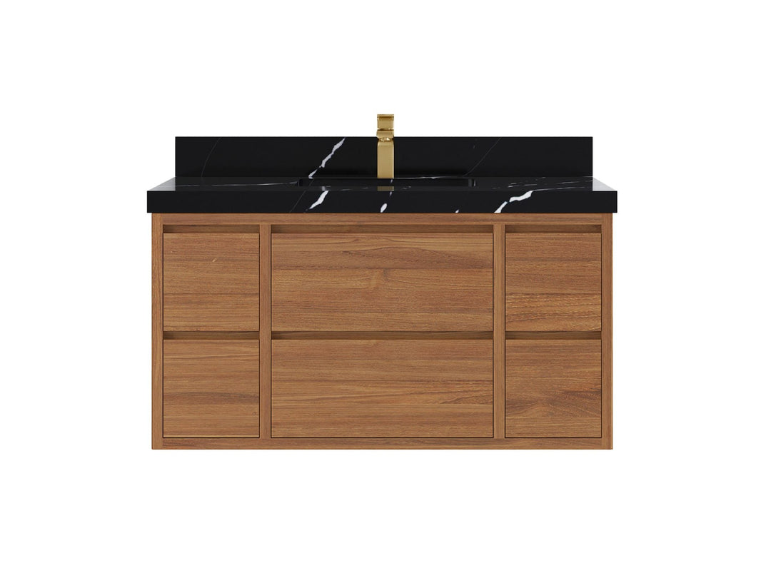 Madison Floating Teak 42 in. W x 22 in. D Single Sink Bathroom Vanity in Dark Natural with 2 in Calacatta Black Quartz Countertop