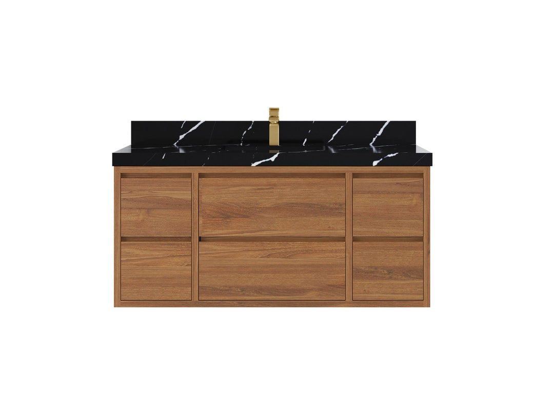 Madison Floating Teak 48 in. W x 22 in. D Single Sink Bathroom Vanity in Dark Natural with 2 in Calacatta Black Quartz Countertop