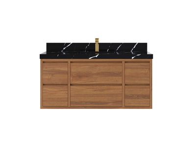 Madison Floating Teak 48 in. W x 22 in. D Single Sink Bathroom Vanity in Dark Natural with 2 in Calacatta Black Quartz Countertop