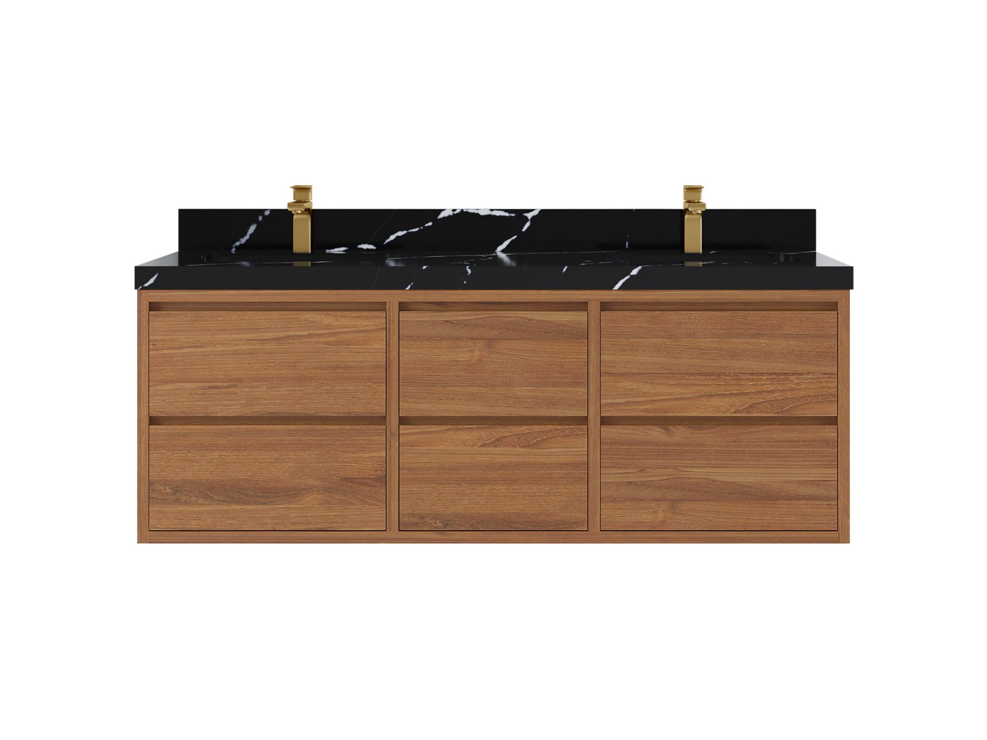 Madison Floating Teak 60 in. W x 22 in. D Double Sink Bathroom Vanity in Dark Natural with 2 in Calacatta Black Quartz Countertop