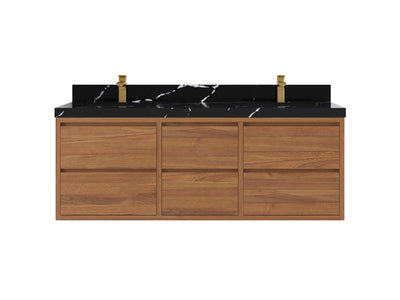 Madison Floating Teak 60 in. W x 22 in. D Double Sink Bathroom Vanity in Dark Natural with 2 in Calacatta Black Quartz Countertop
