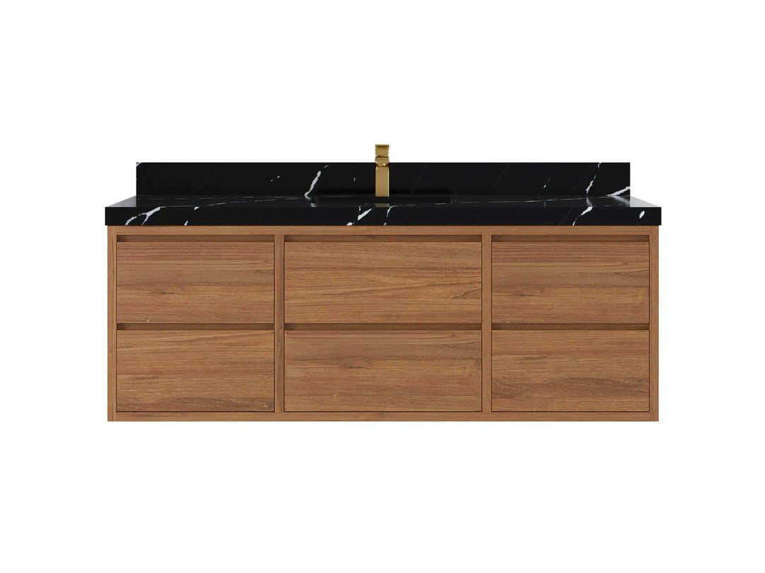 Madison Floating Teak 60 in. W x 22 in. D Single Sink Bathroom Vanity in Dark Natural with 2 in Calacatta Black Quartz Countertop