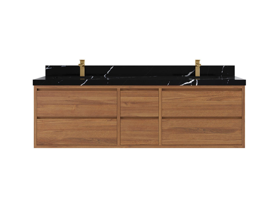Madison Floating Teak 72 in. W x 22 in. D Double Sink Bathroom Vanity in Dark Natural with 2 in Calacatta Black Quartz Countertop