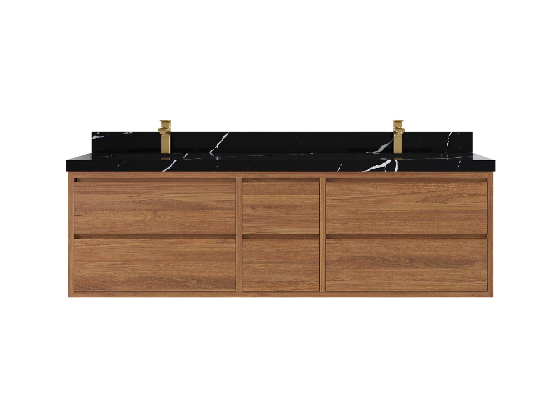Madison Floating Teak 72 in. W x 22 in. D Double Sink Bathroom Vanity in Dark Natural with 2 in Calacatta Black Quartz Countertop