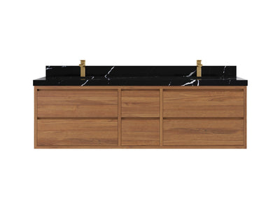 Madison Floating Teak 72 in. W x 22 in. D Double Sink Bathroom Vanity in Dark Natural with 2 in Calacatta Black Quartz Countertop