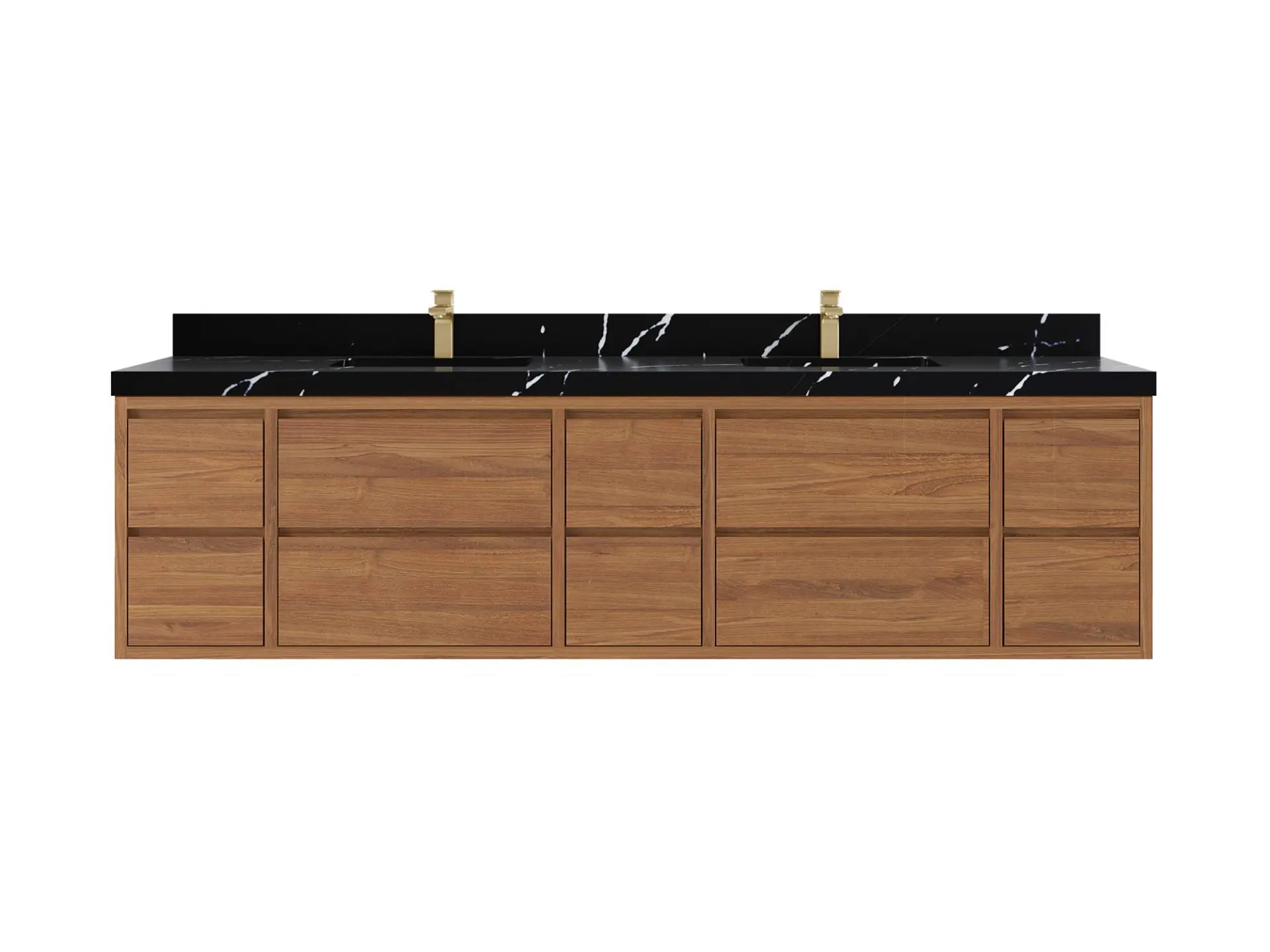 Madison Floating Teak 84 in. W x 22 in. D Double Sink Bathroom Vanity in Dark Natural with 2 in Calacatta Black Quartz Countertop