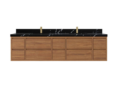 Madison Floating Teak 84 in. W x 22 in. D Double Sink Bathroom Vanity in Dark Natural with 2 in Calacatta Black Quartz Countertop